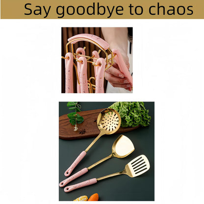 Gold Kitchen Utensils,7pieces Cooking Utensils Set,Kitchen Tools Set With Utensil Holder, Gold Kitchen Accessories,Dishwasher Safe, Easy To Clean(Pink)