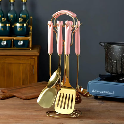 Gold Kitchen Utensils,7pieces Cooking Utensils Set,Kitchen Tools Set With Utensil Holder, Gold Kitchen Accessories,Dishwasher Safe, Easy To Clean(Pink)