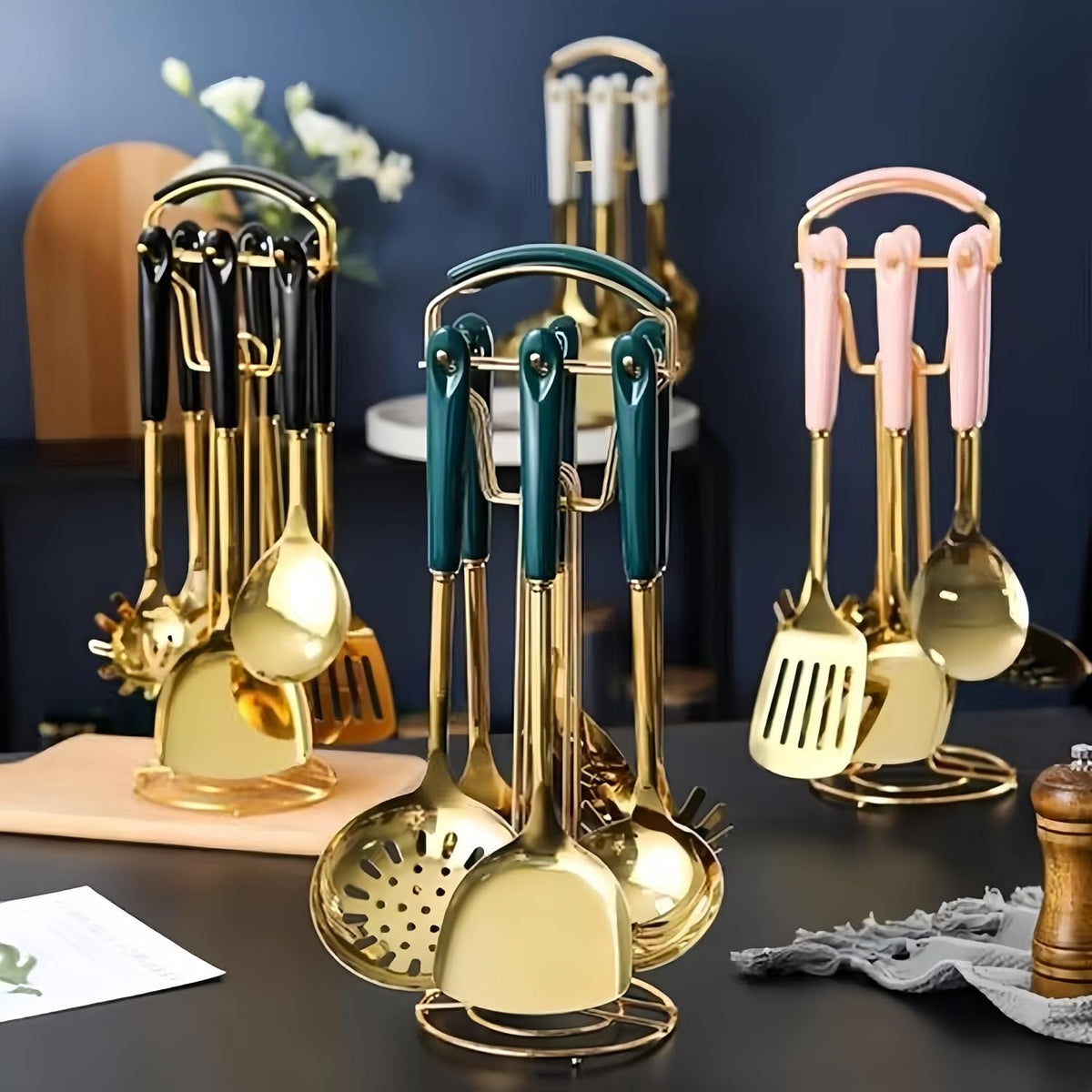 Gold Kitchen Utensils,7pieces Cooking Utensils Set,Kitchen Tools Set With Utensil Holder, Gold Kitchen Accessories,Dishwasher Safe, Easy To Clean(Pink)