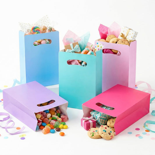 15 Pack Pastel Party Favor Bags - 6x3x9" Matte Goodie Bags in 5 Assorted Colors for Birthday, Wedding, Baby Shower - Sturdy Teal Pink Purple Blue Gift Bags with Handles, Customizable for Treats & Cookies