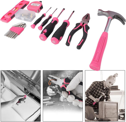Pink Portable Toolbox Box/Cover | 18 Piece Hand Tool Kit for Women Home Repair Beginner With Hammer Wrench Hardware Set (18Pcs)