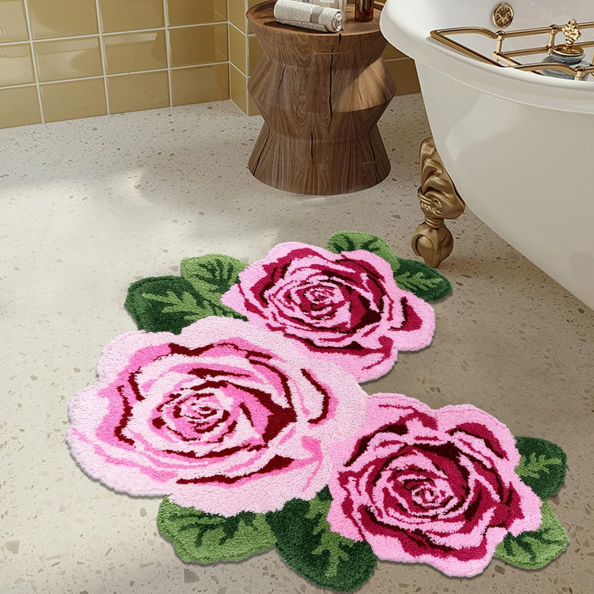 Rose Toilet Rug Pink 23.6"X27.5" Shaggy U Shaped Bathroom Rug,Water Absorbent Accent Mat for Bathroom Vanity, Washable Christmas Carpet Decor Bathtub/Shower