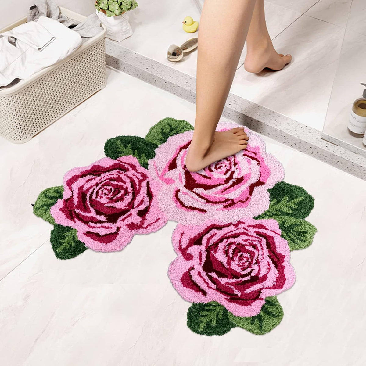 Rose Toilet Rug Pink 23.6"X27.5" Shaggy U Shaped Bathroom Rug,Water Absorbent Accent Mat for Bathroom Vanity, Washable Christmas Carpet Decor Bathtub/Shower