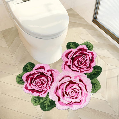 Rose Toilet Rug Pink 23.6"X27.5" Shaggy U Shaped Bathroom Rug,Water Absorbent Accent Mat for Bathroom Vanity, Washable Christmas Carpet Decor Bathtub/Shower