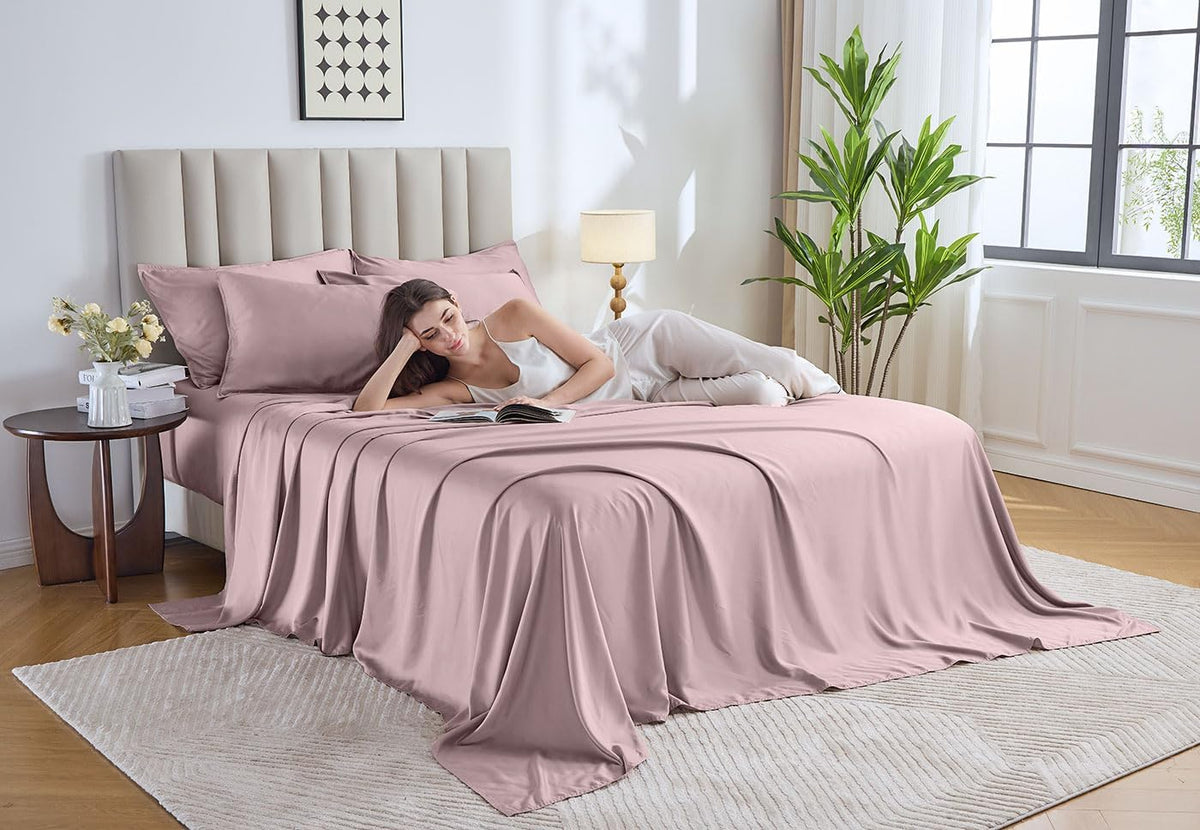 Queen Sheets, Genuine 100% Organic Viscose Derived from Bamboo Bed Sheet Set, Luxuriously Soft & Cooling, Double Stitching, 2 Year Quality Promise (Queen, Dusty Pink)