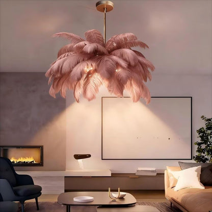 Feather Chandelier, Pink Fluffy Lampshade Modern LED Pendant Light 6-Lights 4500K, Naturel Feather Ceiling Light, for Living Room Bedroom Kids Room Home Creative Decor, φ-85cm