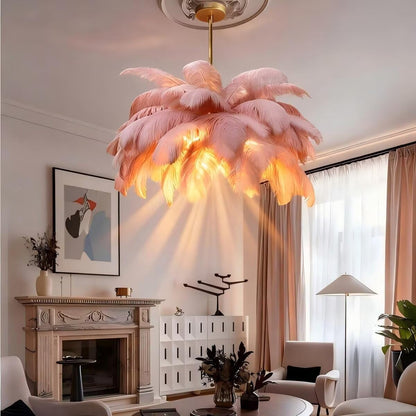 Feather Chandelier, Pink Fluffy Lampshade Modern LED Pendant Light 6-Lights 4500K, Naturel Feather Ceiling Light, for Living Room Bedroom Kids Room Home Creative Decor, φ-85cm