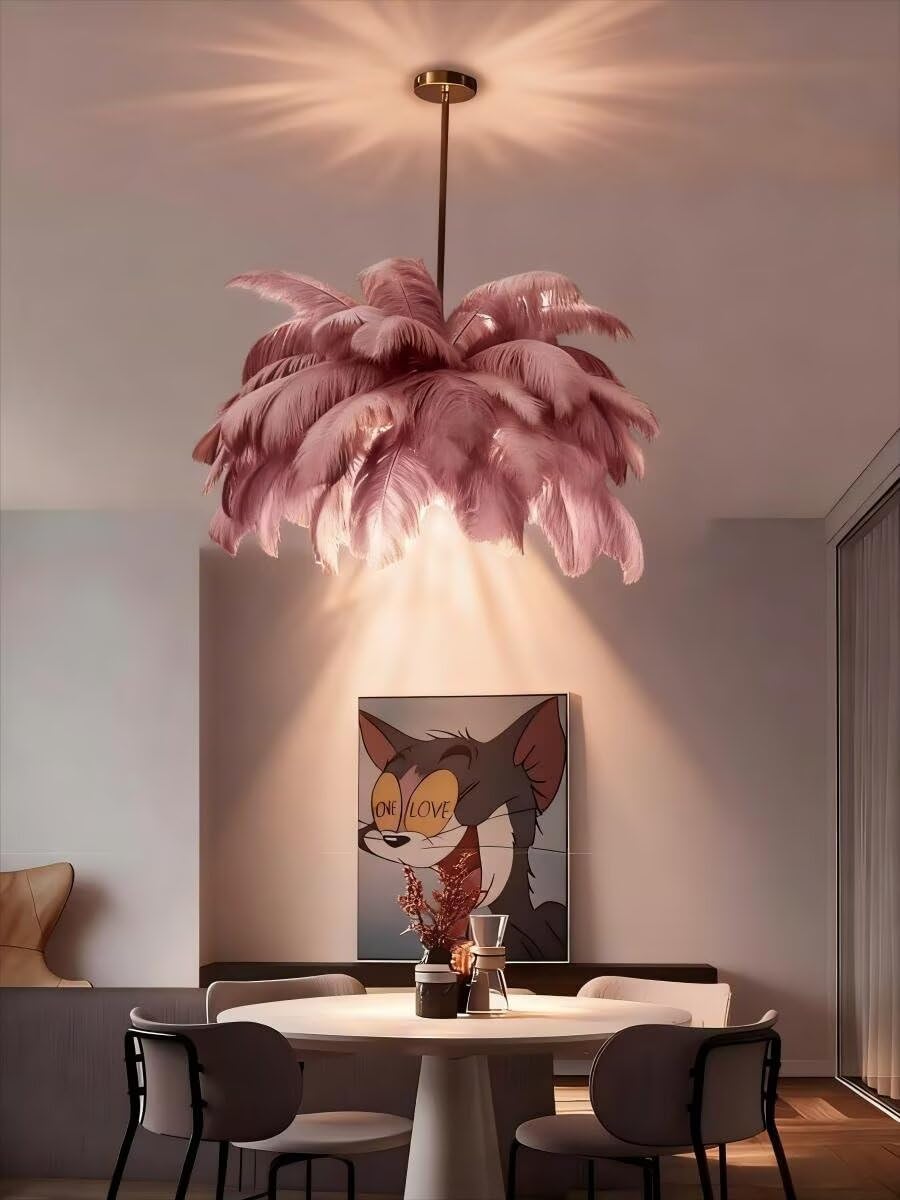 Feather Chandelier, Pink Fluffy Lampshade Modern LED Pendant Light 6-Lights 4500K, Naturel Feather Ceiling Light, for Living Room Bedroom Kids Room Home Creative Decor, φ-85cm