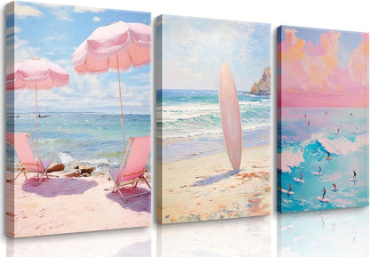 3 Pcs Coastal Pink Beach Canvas Print Beach Aesthetic Wall Decor Summer Style ocean surfing poster for Bathroom Living Room Bedroom Girls Room Girls Dormitory Wall Decor 16 x 24in Canvas