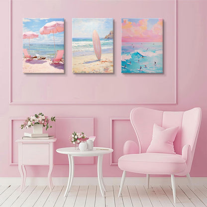 3 Pcs Coastal Pink Beach Canvas Print Beach Aesthetic Wall Decor Summer Style ocean surfing poster for Bathroom Living Room Bedroom Girls Room Girls Dormitory Wall Decor 16 x 24in Canvas