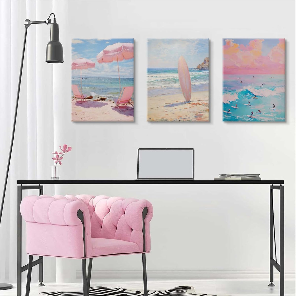 3 Pcs Coastal Pink Beach Canvas Print Beach Aesthetic Wall Decor Summer Style ocean surfing poster for Bathroom Living Room Bedroom Girls Room Girls Dormitory Wall Decor 16 x 24in Canvas