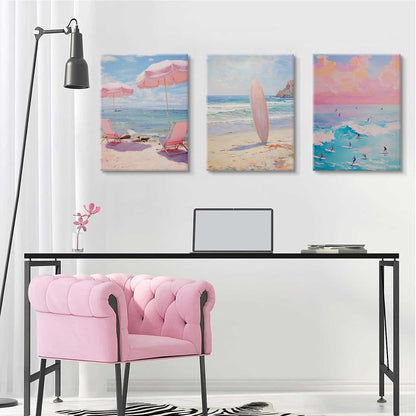 3 Pcs Coastal Pink Beach Canvas Print Beach Aesthetic Wall Decor Summer Style ocean surfing poster for Bathroom Living Room Bedroom Girls Room Girls Dormitory Wall Decor 16 x 24in Canvas
