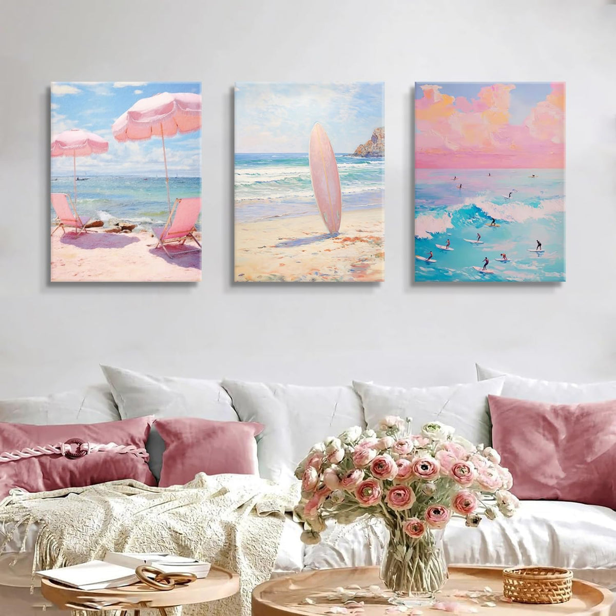3 Pcs Coastal Pink Beach Canvas Print Beach Aesthetic Wall Decor Summer Style ocean surfing poster for Bathroom Living Room Bedroom Girls Room Girls Dormitory Wall Decor 16 x 24in Canvas