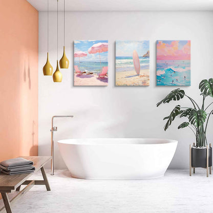3 Pcs Coastal Pink Beach Canvas Print Beach Aesthetic Wall Decor Summer Style ocean surfing poster for Bathroom Living Room Bedroom Girls Room Girls Dormitory Wall Decor 16 x 24in Canvas