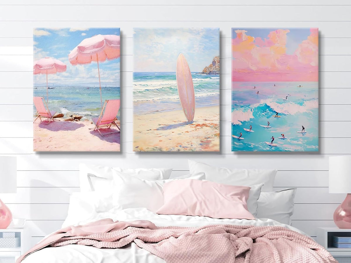 3 Pcs Coastal Pink Beach Canvas Print Beach Aesthetic Wall Decor Summer Style ocean surfing poster for Bathroom Living Room Bedroom Girls Room Girls Dormitory Wall Decor 16 x 24in Canvas