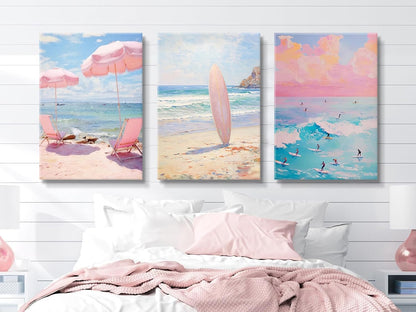 3 Pcs Coastal Pink Beach Canvas Print Beach Aesthetic Wall Decor Summer Style ocean surfing poster for Bathroom Living Room Bedroom Girls Room Girls Dormitory Wall Decor 16 x 24in Canvas