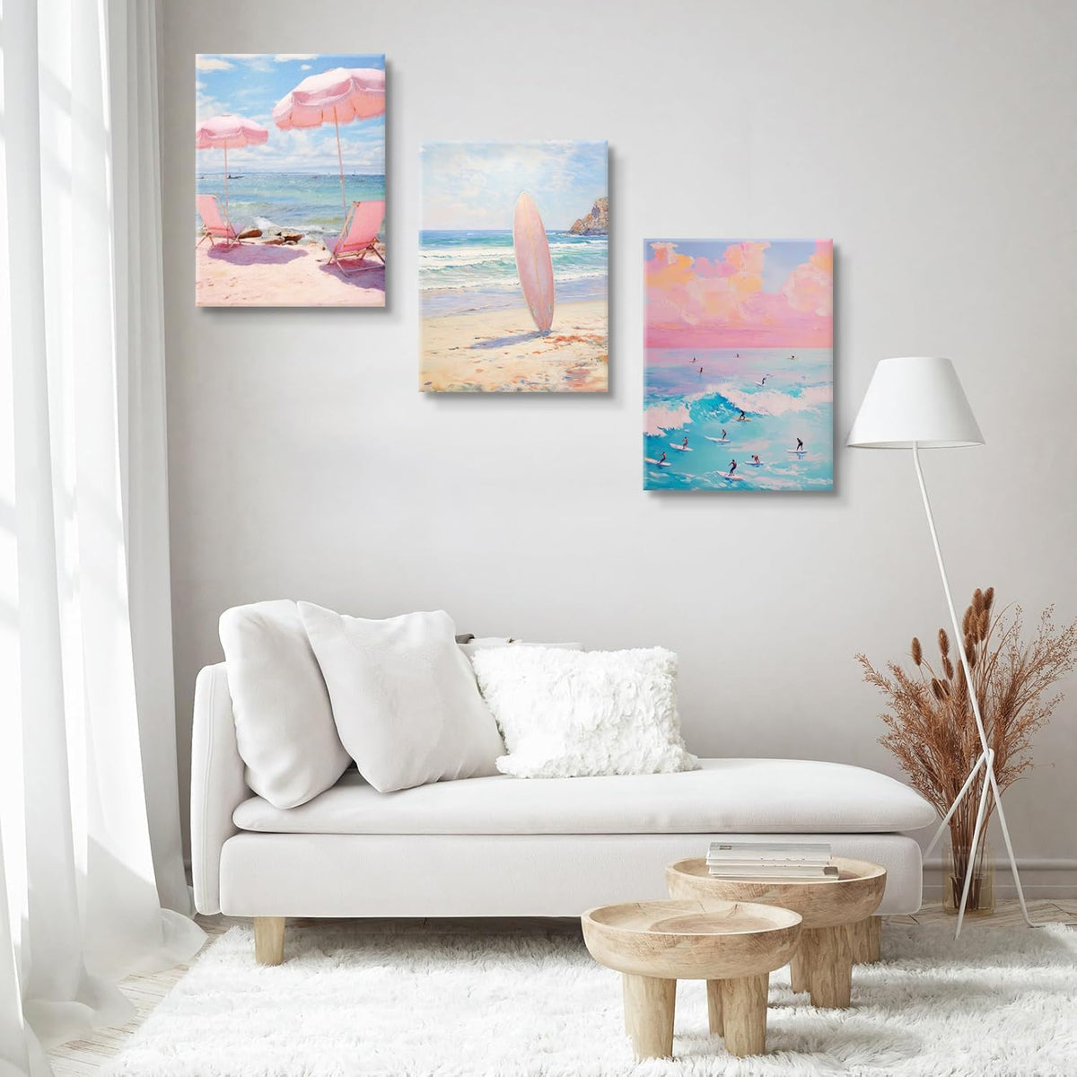 3 Pcs Coastal Pink Beach Canvas Print Beach Aesthetic Wall Decor Summer Style ocean surfing poster for Bathroom Living Room Bedroom Girls Room Girls Dormitory Wall Decor 16 x 24in Canvas