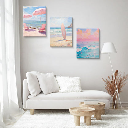 3 Pcs Coastal Pink Beach Canvas Print Beach Aesthetic Wall Decor Summer Style ocean surfing poster for Bathroom Living Room Bedroom Girls Room Girls Dormitory Wall Decor 16 x 24in Canvas