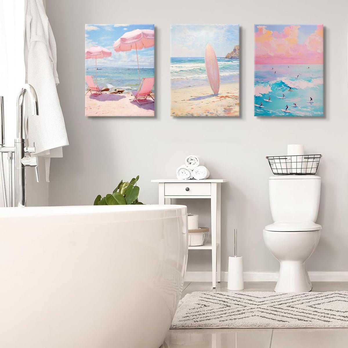3 Pcs Coastal Pink Beach Canvas Print Beach Aesthetic Wall Decor Summer Style ocean surfing poster for Bathroom Living Room Bedroom Girls Room Girls Dormitory Wall Decor 16 x 24in Canvas