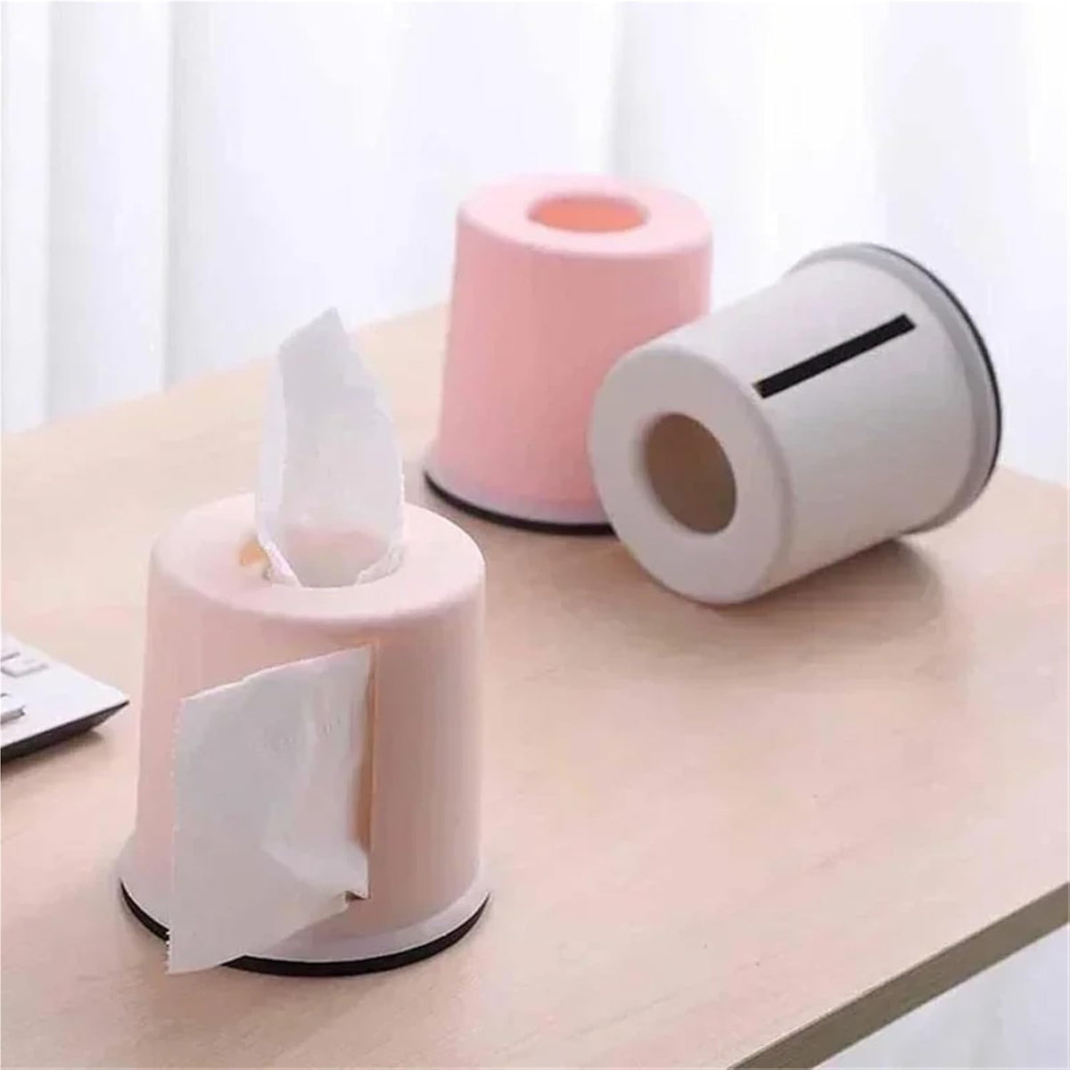 1Pcs Household Solid Color Tissue Box Round Pumping Cylinder Multifunctional Toilet Roll Paper Storage for Bathroom(Pink)