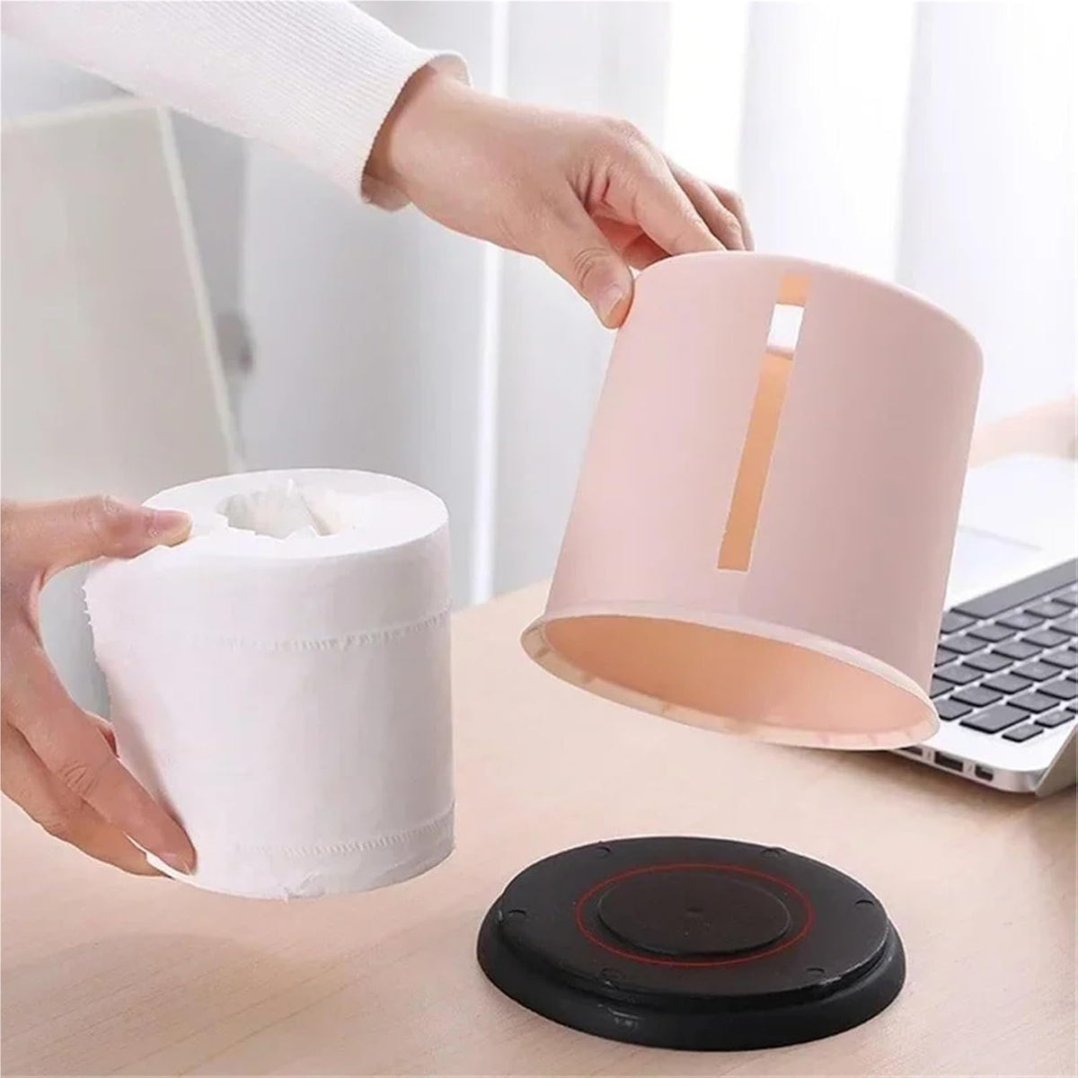 1Pcs Household Solid Color Tissue Box Round Pumping Cylinder Multifunctional Toilet Roll Paper Storage for Bathroom(Pink)