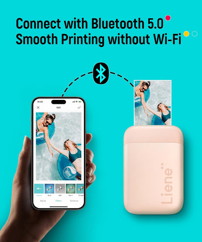 Pearl K100 Photo Printer, 2x3 Mini Instant Portable Color Mono Picture Printer 50 Zink Adhesive Paper, Bluetooth 5.2, Compatible w/iOS & Android, Small Photo Maker for iPhone, Smartphones, Pink