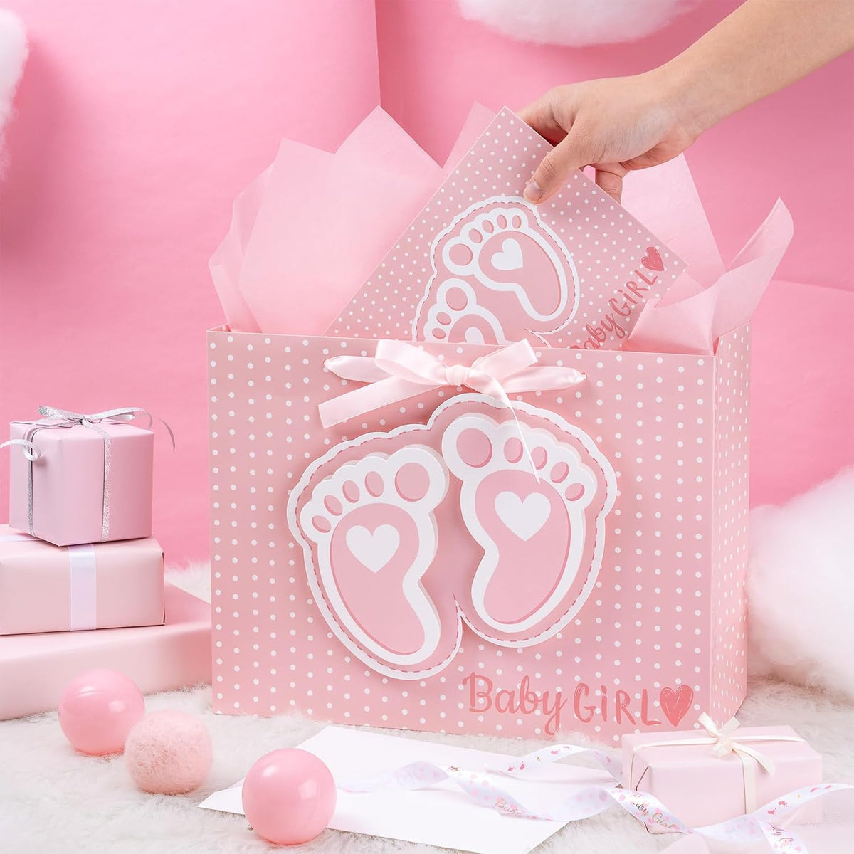 13" Pink Gift Bags with Tissue Paper, Gift Card, Foot Print & Baby Girl Lettering Design for Baby Shower, Little One, 1st Baby Girls' Birthday