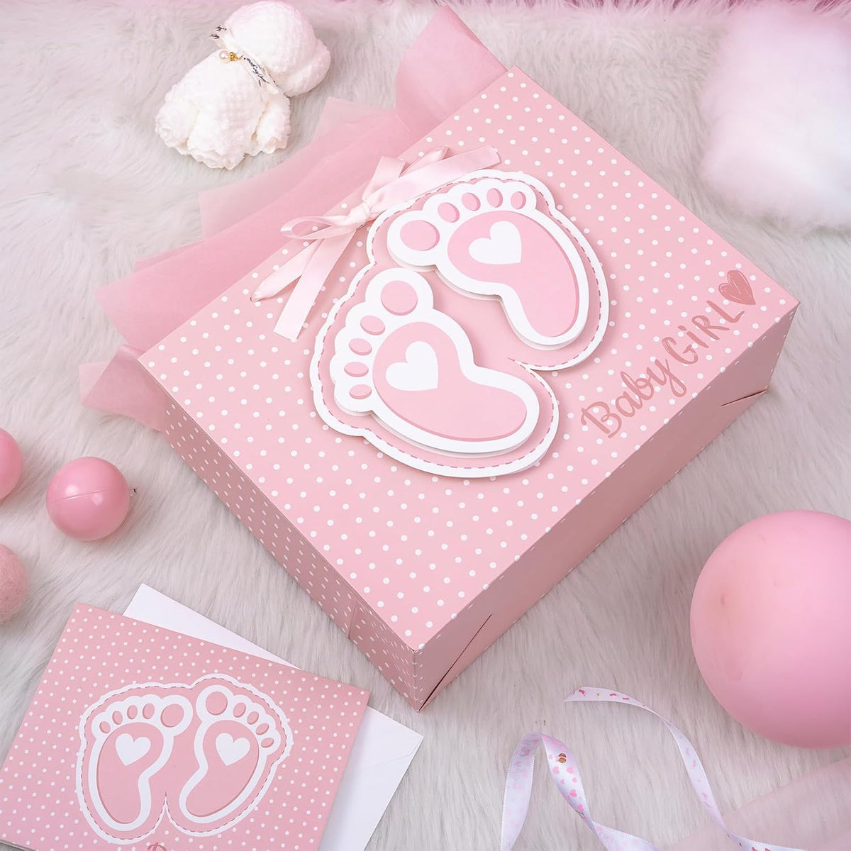 13" Pink Gift Bags with Tissue Paper, Gift Card, Foot Print & Baby Girl Lettering Design for Baby Shower, Little One, 1st Baby Girls' Birthday