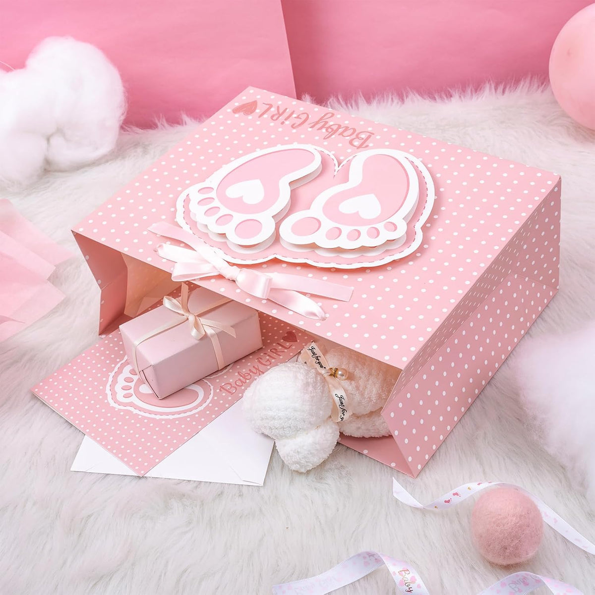13" Pink Gift Bags with Tissue Paper, Gift Card, Foot Print & Baby Girl Lettering Design for Baby Shower, Little One, 1st Baby Girls' Birthday