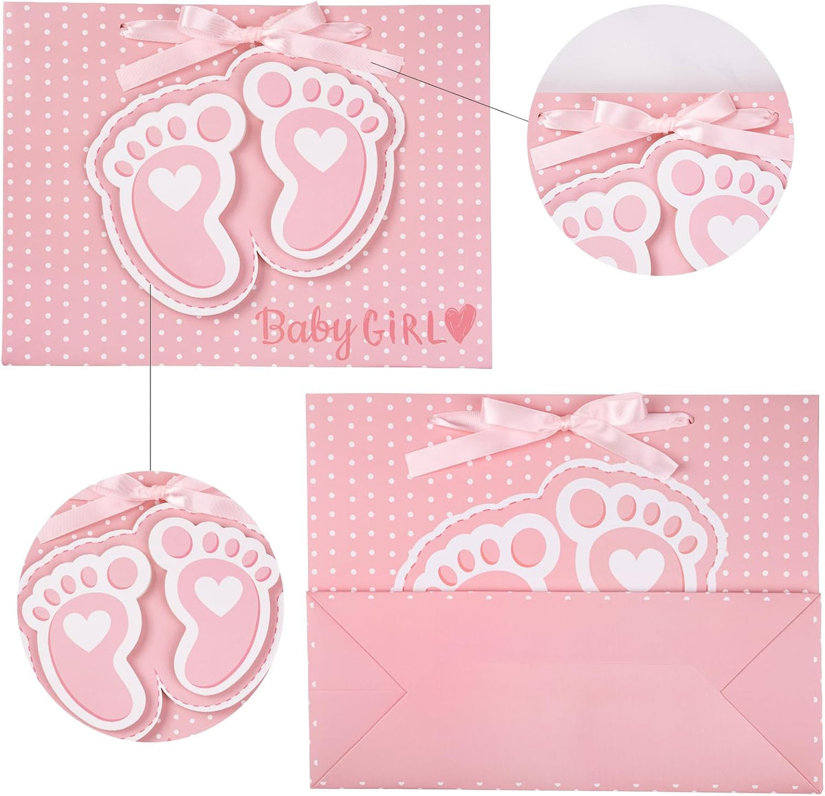13" Pink Gift Bags with Tissue Paper, Gift Card, Foot Print & Baby Girl Lettering Design for Baby Shower, Little One, 1st Baby Girls' Birthday