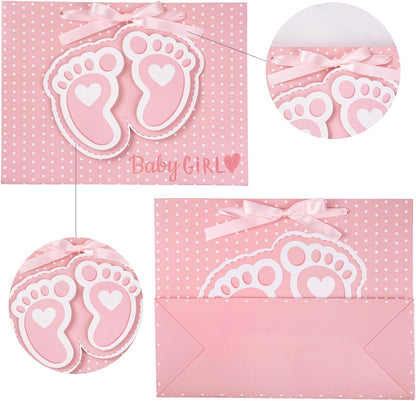 13" Pink Gift Bags with Tissue Paper, Gift Card, Foot Print & Baby Girl Lettering Design for Baby Shower, Little One, 1st Baby Girls' Birthday