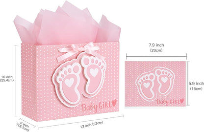 13" Pink Gift Bags with Tissue Paper, Gift Card, Foot Print & Baby Girl Lettering Design for Baby Shower, Little One, 1st Baby Girls' Birthday