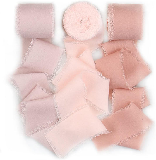 SHUNSTONE Mixed Pink Chiffon Ribbon 3 Rolls 1.5" x 7 Yards Handmade Frayed Chiffon Ribbon for Gift Wrapping, Wedding Bouquet, Invitation, Bridal Shower Decoration, DIY Craft