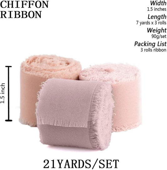 SHUNSTONE Mixed Pink Chiffon Ribbon 3 Rolls 1.5" x 7 Yards Handmade Frayed Chiffon Ribbon for Gift Wrapping, Wedding Bouquet, Invitation, Bridal Shower Decoration, DIY Craft