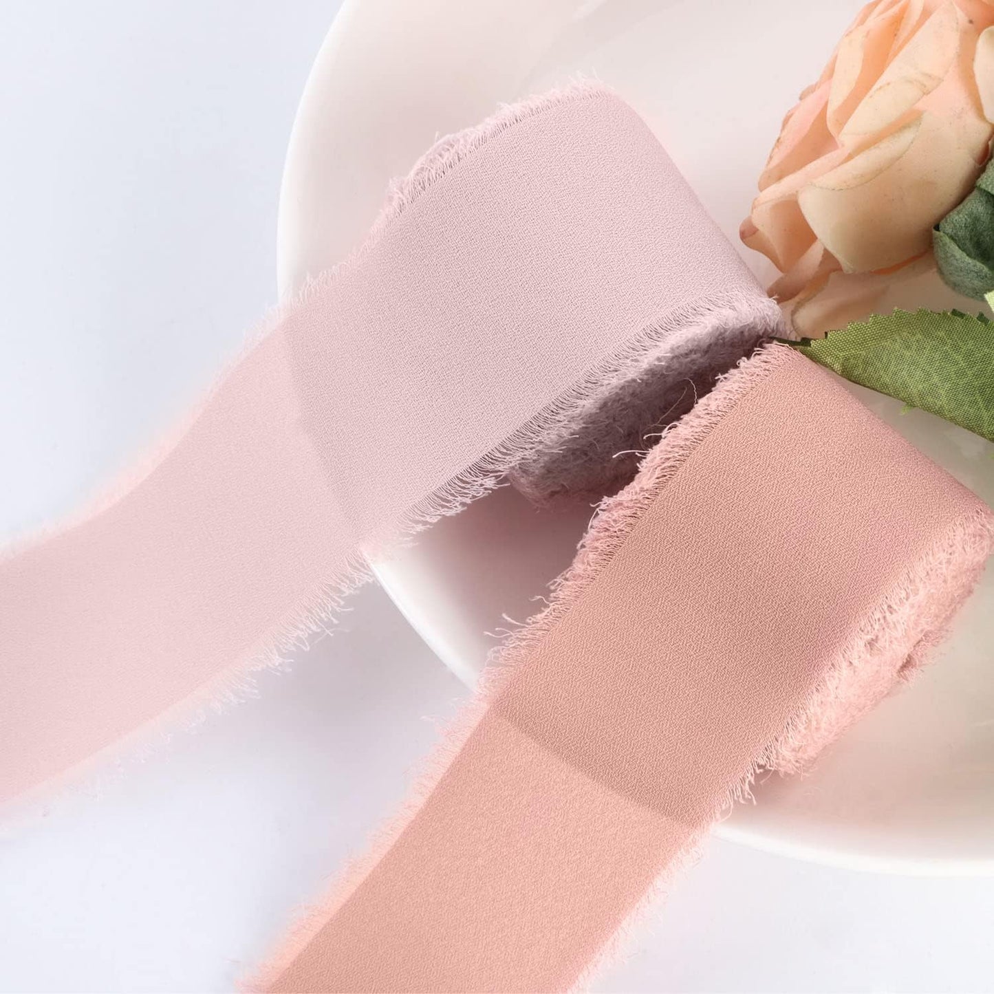 SHUNSTONE Mixed Pink Chiffon Ribbon 3 Rolls 1.5" x 7 Yards Handmade Frayed Chiffon Ribbon for Gift Wrapping, Wedding Bouquet, Invitation, Bridal Shower Decoration, DIY Craft