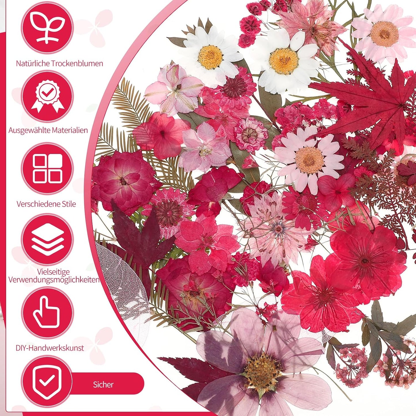 100 Pcs Dried Pressed Flowers, Real Natural Dried Wildflowers Leave with Tweezer Floral Decoration for DIY Crafts, Candle Making, Resin Mold,Bridal Scrapbooking andNails Decors Mixed Pink
