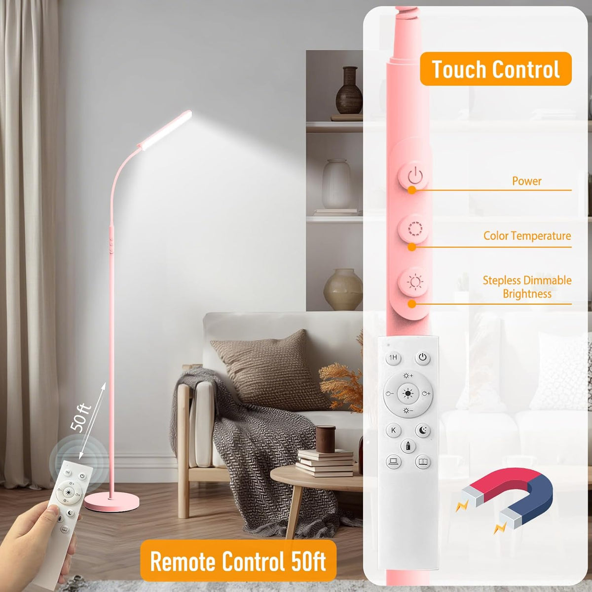 Pink LED Floor Lamp, 18W 1800LM Bright Floor Lamp with Remote & Works with Smart Plug, Dimmable Timing Eye Caring Reading Light Modern Standing Floor Lamps for Living Room Bedroom Office
