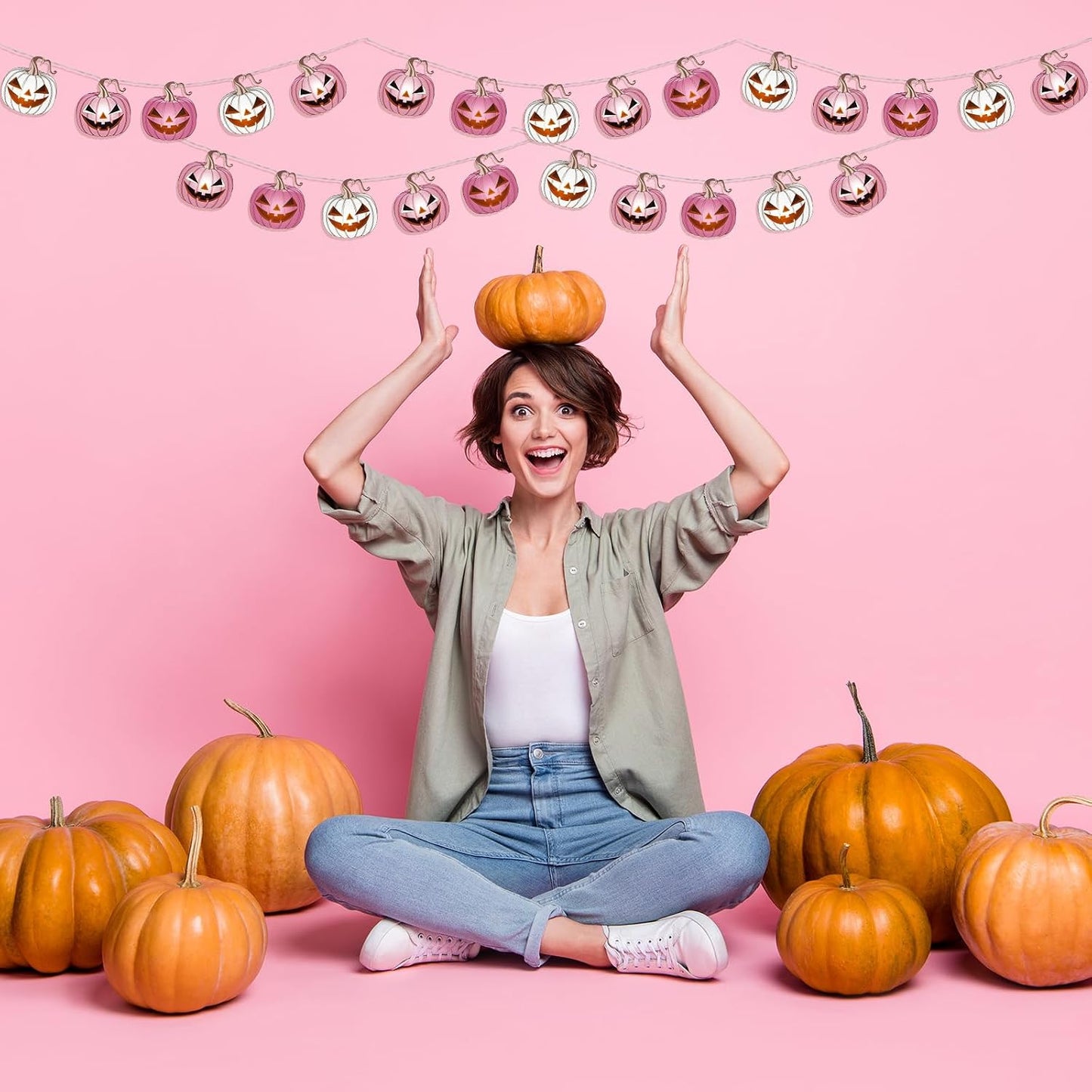 20 Halloween Pink Pumpkin LED String Lights Battery Operated
