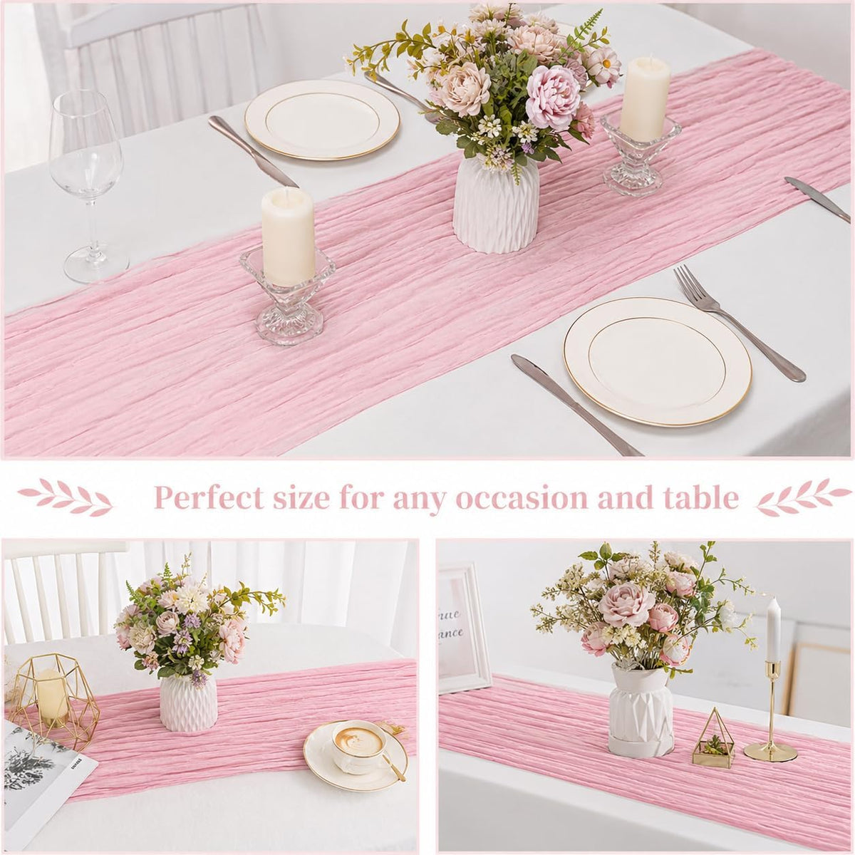 12 Pack Light Pink Cheesecloth Table Runners 22x120 Inch Boho Rustic Table Runner for Wedding Bridal Shower Party Banquet Farmhouse Kitchen & Dining Table Decor