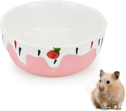 3.4oz Small Animal Food Bowl, Heavy Anti-Tipping Ceramic Pet Bowls with Strawberry Pattern, Hamster Water Bowl for Gerbils/Guinea Pigs/Reptile/Bird, Easy to Clean Hamster Food Bowl (Pink, A)