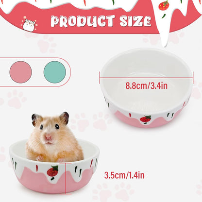 3.4oz Small Animal Food Bowl, Heavy Anti-Tipping Ceramic Pet Bowls with Strawberry Pattern, Hamster Water Bowl for Gerbils/Guinea Pigs/Reptile/Bird, Easy to Clean Hamster Food Bowl (Pink, A)