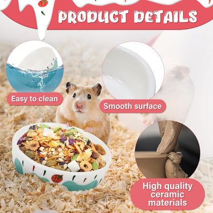 3.4oz Small Animal Food Bowl, Heavy Anti-Tipping Ceramic Pet Bowls with Strawberry Pattern, Hamster Water Bowl for Gerbils/Guinea Pigs/Reptile/Bird, Easy to Clean Hamster Food Bowl (Pink, A)