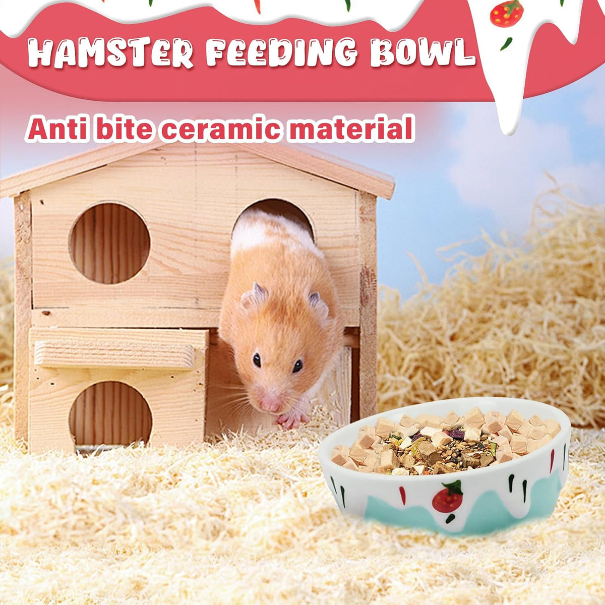 3.4oz Small Animal Food Bowl, Heavy Anti-Tipping Ceramic Pet Bowls with Strawberry Pattern, Hamster Water Bowl for Gerbils/Guinea Pigs/Reptile/Bird, Easy to Clean Hamster Food Bowl (Pink, A)