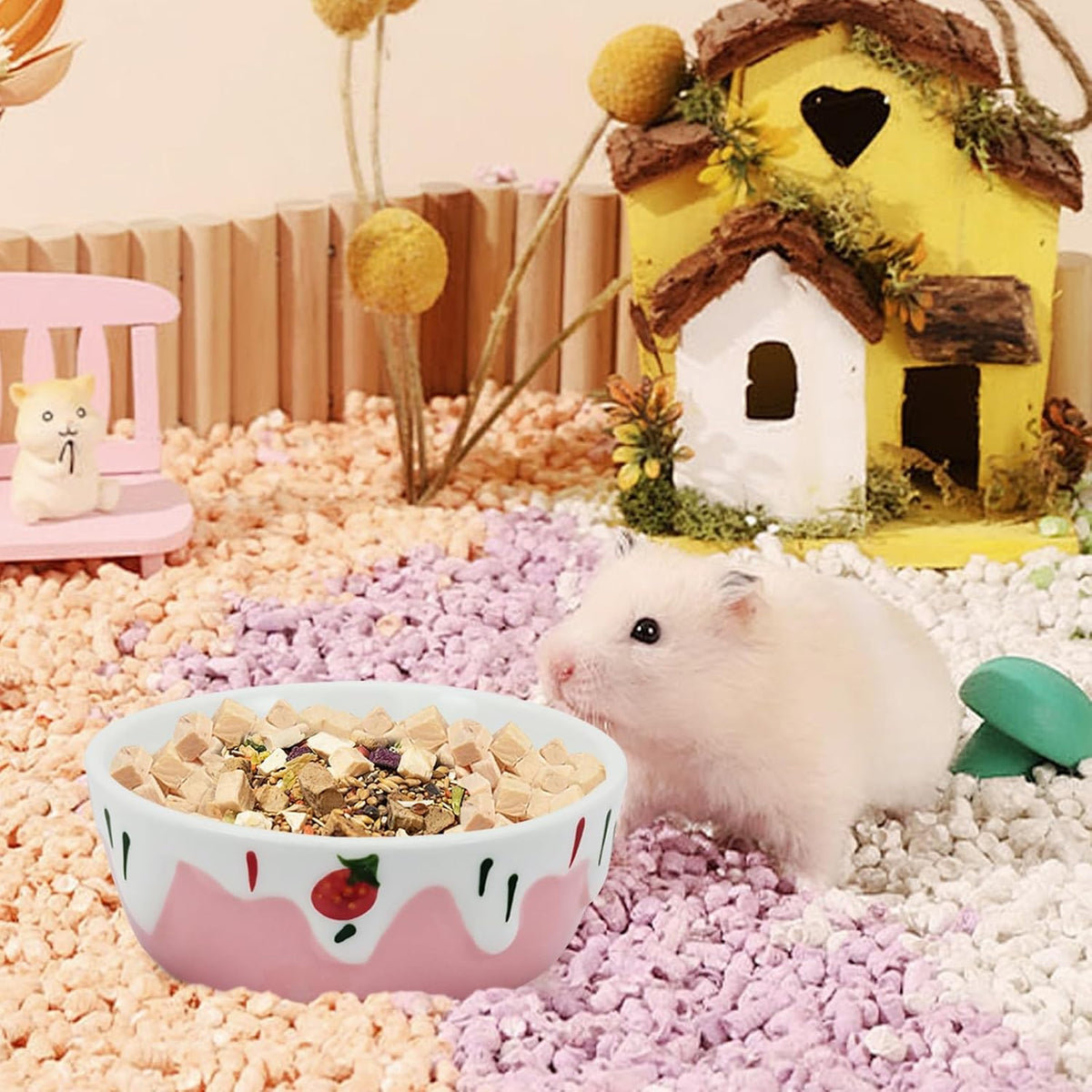 3.4oz Small Animal Food Bowl, Heavy Anti-Tipping Ceramic Pet Bowls with Strawberry Pattern, Hamster Water Bowl for Gerbils/Guinea Pigs/Reptile/Bird, Easy to Clean Hamster Food Bowl (Pink, A)