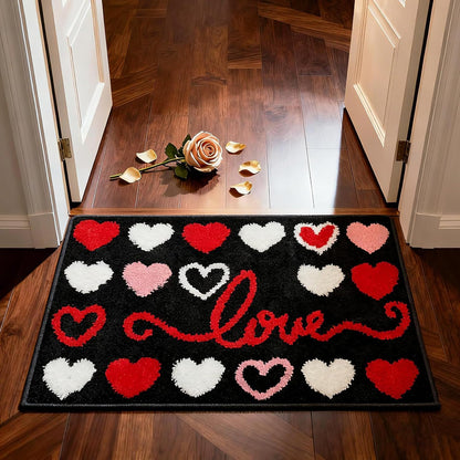Valentines Bathroom Rugs, Red Pink White Love Heart Valentine Bathroom Tub Mat, Valentine's Day Anniversary Non Slip Absorbent Soft Bath Rug, Festival Door Outdoor Home Decor 20x30 in, Black