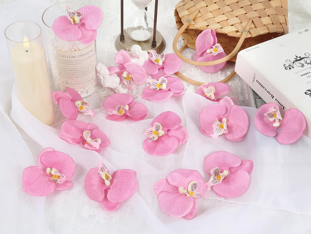 Pink Flowers Orchid Heads 15PCS Artificial Orchids 3.35” Fake Flower Heads for Craft for Bridal Shower Home Party Wedding Cake Decoration (Pink)