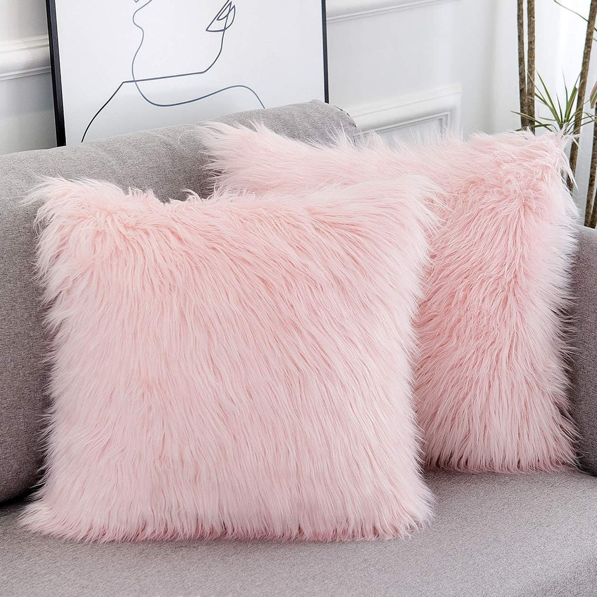 Pink Throw Pillow Covers 18x18 Inch Set of 2 Faux Fur Pillow Covers