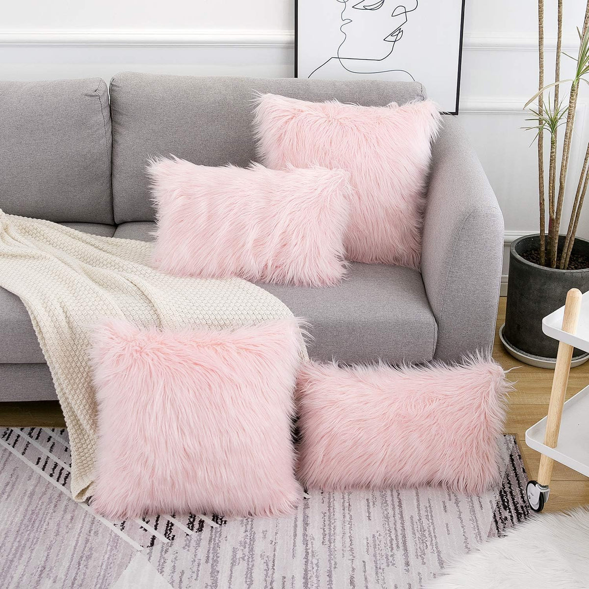 Pink Throw Pillow Covers 18x18 Inch Set of 2 Faux Fur Pillow Covers