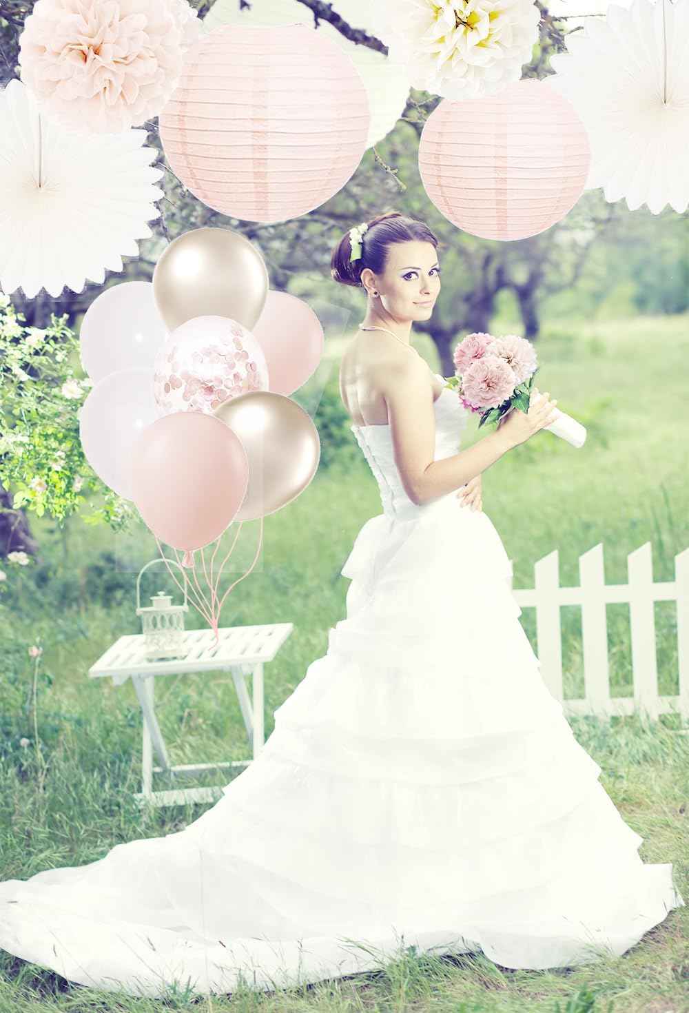 Bachelorette Decorations White Champagne-gold - Bridal Shower Party Decors with Wedding Balloons Rustic Bride to Be Banner Paper Flowers Fans (Dusty Pink + Champagne Gold)