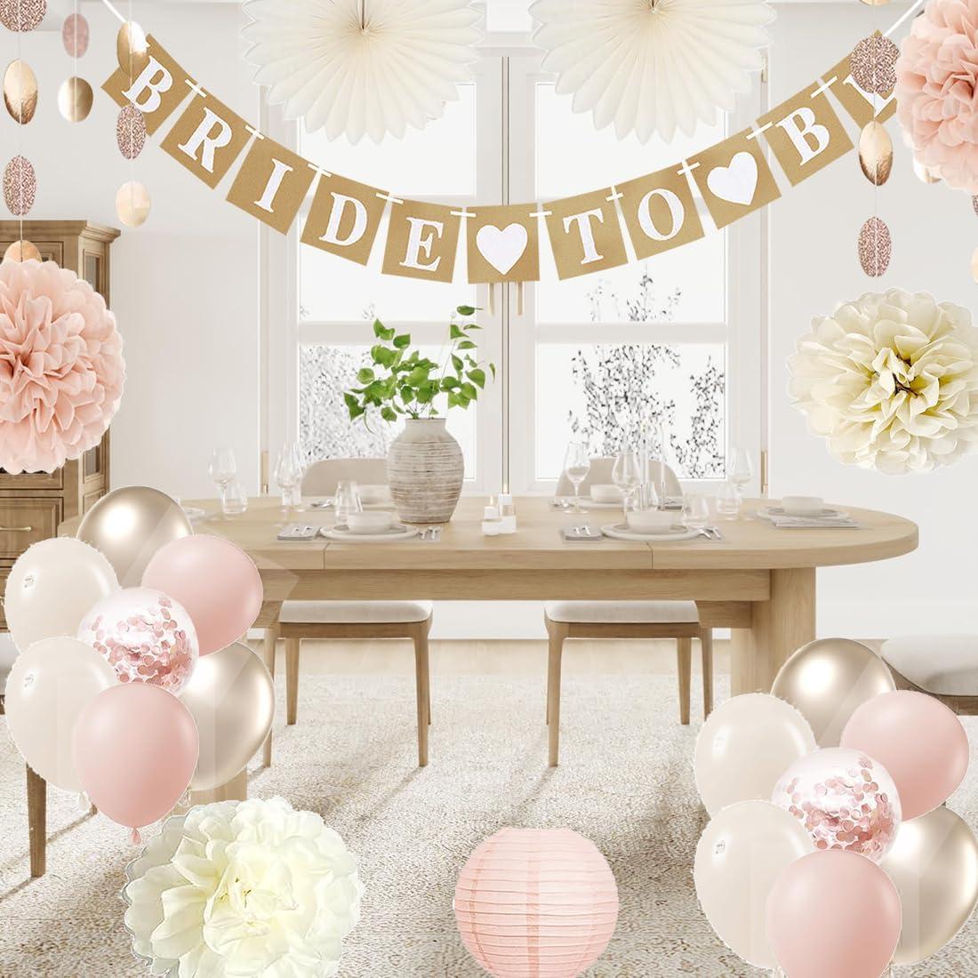 Bachelorette Decorations White Champagne-gold - Bridal Shower Party Decors with Wedding Balloons Rustic Bride to Be Banner Paper Flowers Fans (Dusty Pink + Champagne Gold)